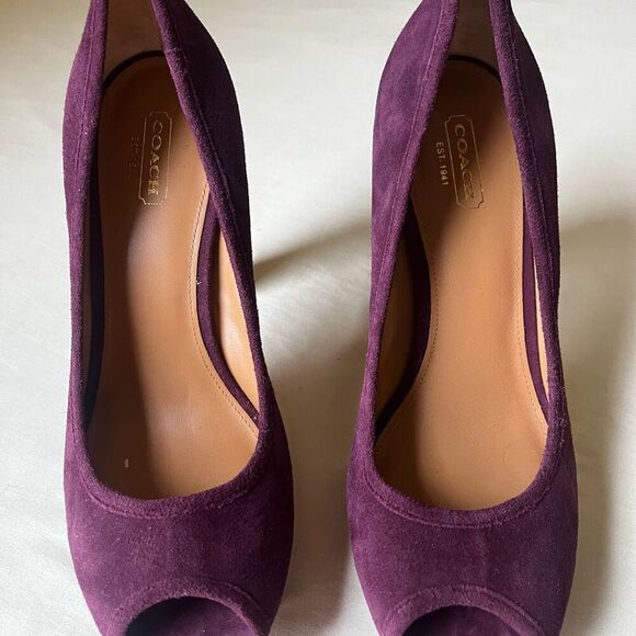 Coach Breana Platform Peep Toe Pumps Suede Leather Stacked Heel Plum Purple 9 - Picture 6 of 10